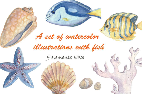 A Set of Watercolor Pictures with Fish