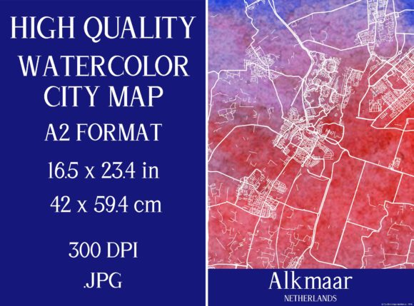 Alkmaar Netherlands Watercolor City Map and Illustrations