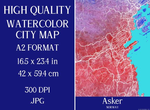 Asker Norway Watercolor City Map and Illustrations