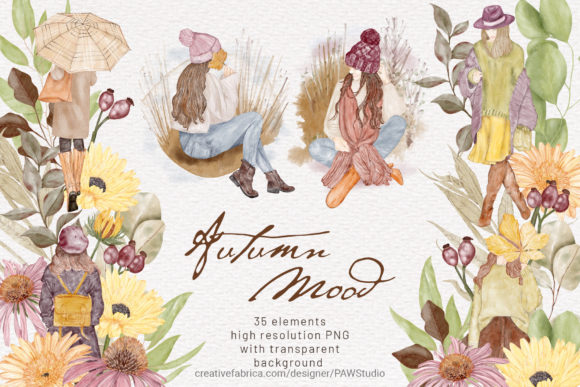 Autumn Mood Watercolor Clipart Boho Girl Illustrations