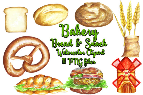 Bakery Bread Snack Watercolor Clipart & Illustrations