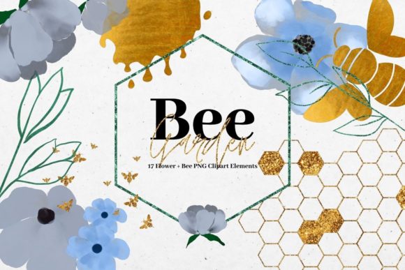 Blue Watercolor Flowers and Gold Bees