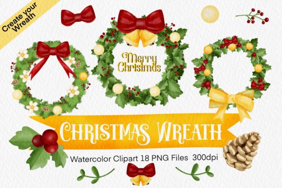 Christmas Wreath Watercolor Clipart and Illustrations
