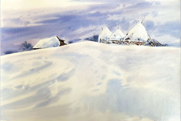 Cold Watercolor Winter Mountain Landscapes Illustrations