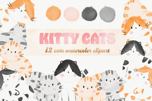 Cute Kitty Cats Watercolor Clipart and Illustrations