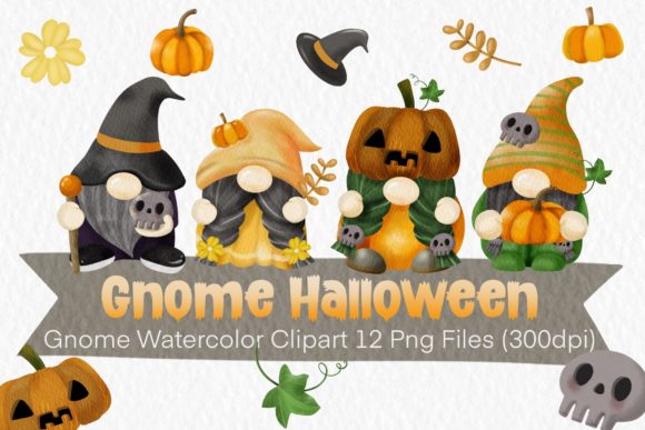 Halloween Gnome Watercolor Clipart Set and Illustrations