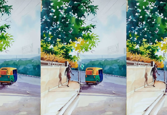 Hand Drawn Watercolor Person on the Road