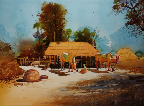 Hand Drawn Watercolor Village Scene