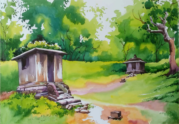 Handdrawn Watercolor House in the Forest Illustrations