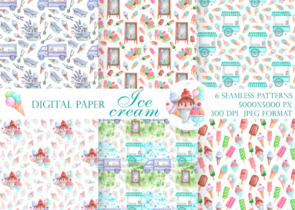 Ice Cream Watercolor Seamless Pattern and Illustrations
