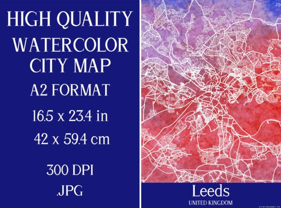 Leeds UK Watercolor City Map and Illustrations