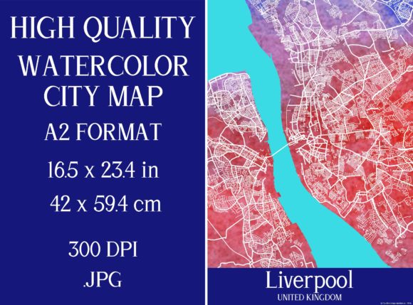 Liverpool UK Watercolor City Map Illustrations