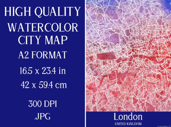 London UK Watercolor City Map Illustrations