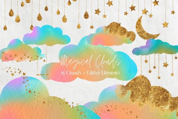 Rainbow Watercolour and Glitter Clouds Illustrations