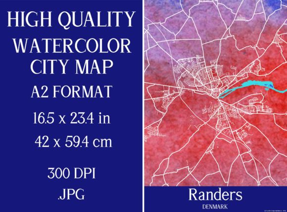 Randers Denmark Watercolor City Map and Illustrations