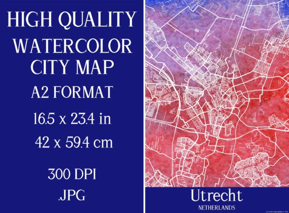 Utrecht Netherlands Watercolor City Map and Illustrations