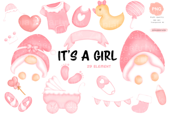 Watercolor Baby Gnome Girl Shower Illustrations