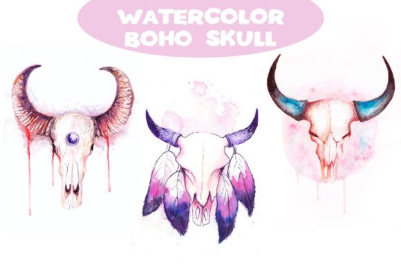 Watercolor Boho Skull Illustrations