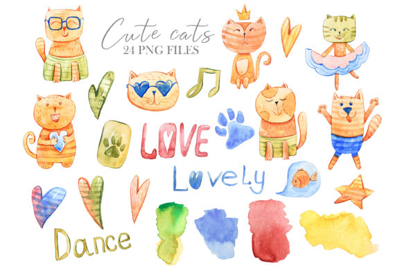 Watercolor Cute Cats Clipart - 24 Png