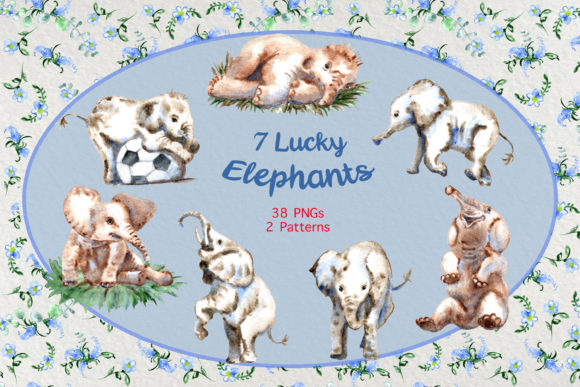 Watercolor Cute Elephants Clip Art Set and Illustrations