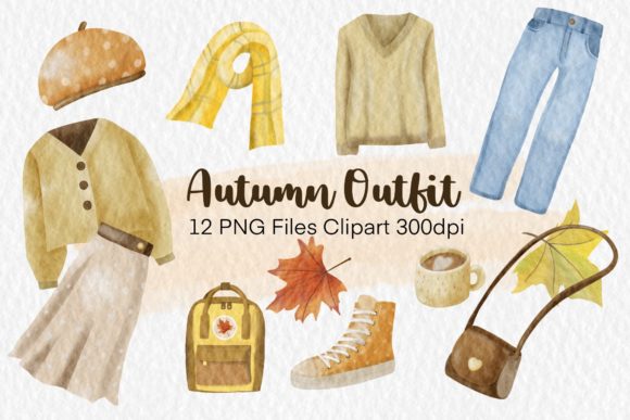 Watercolor Fall Autumn Outfit Clipart and Illustrations