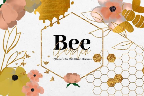 Watercolor Flowers and Gold Bees Illustrations