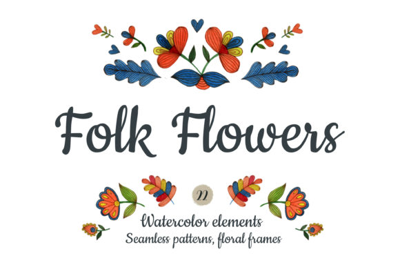 Watercolor Folk Flowers Set and Illustrations