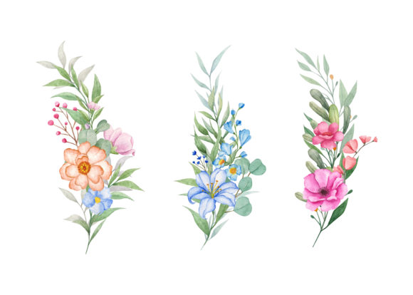 Watercolor Hand Drawn Floral Bouquet Set and Illustrations