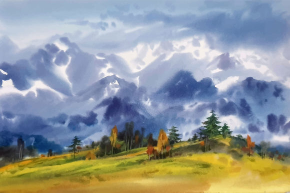 Watercolor Landscape Panorama of Mountain Illustrations