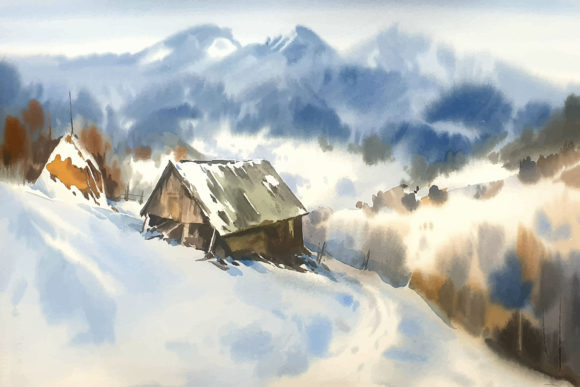 Watercolor Landscape with Mountains Illustrations