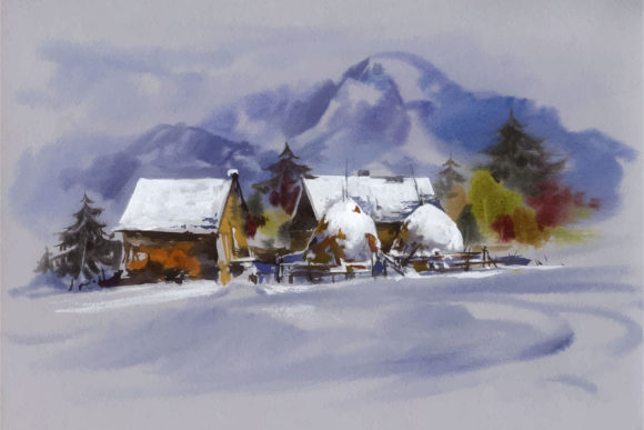 Watercolor Landscape with Snow and House