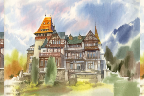 Watercolor Old Castle in the Evening Illustrations