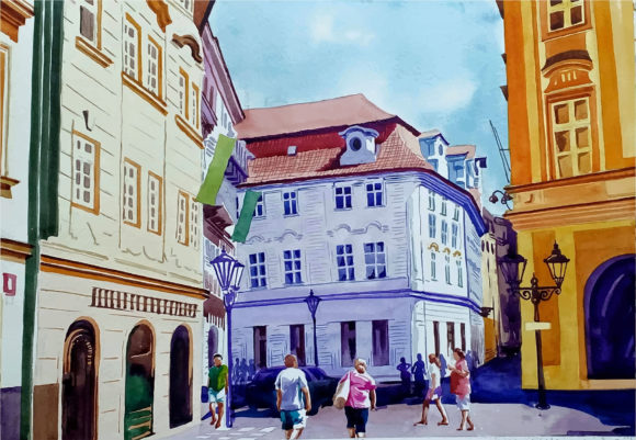 Watercolor Old Town Square Illustrations
