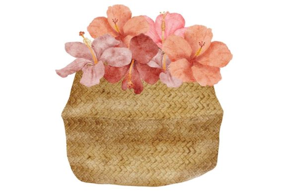 Watercolor Paint Hibiscus Bouquet Basket Illustrations