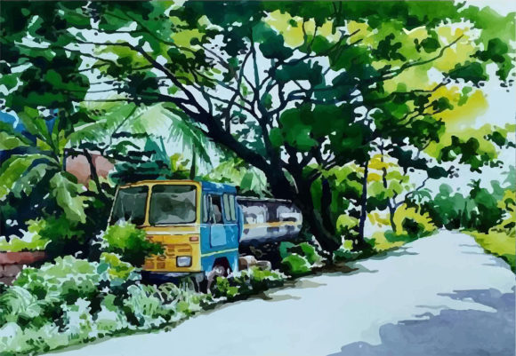 Watercolor Painting Truck in Side Road Illustrations