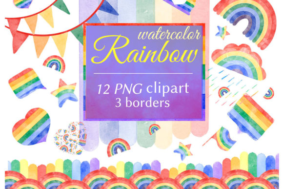 Watercolor Rainbow Clipart Borders and Illustrations