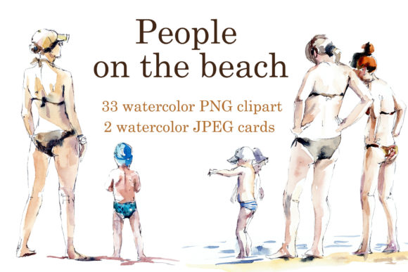 Watercolor Sketch. People on Beach Illustrations