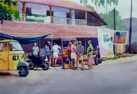 Watercolor Street Small Market Hand Draw Illustrations