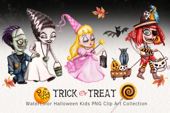Watercolor Trick R Treating Children Set and Illustrations
